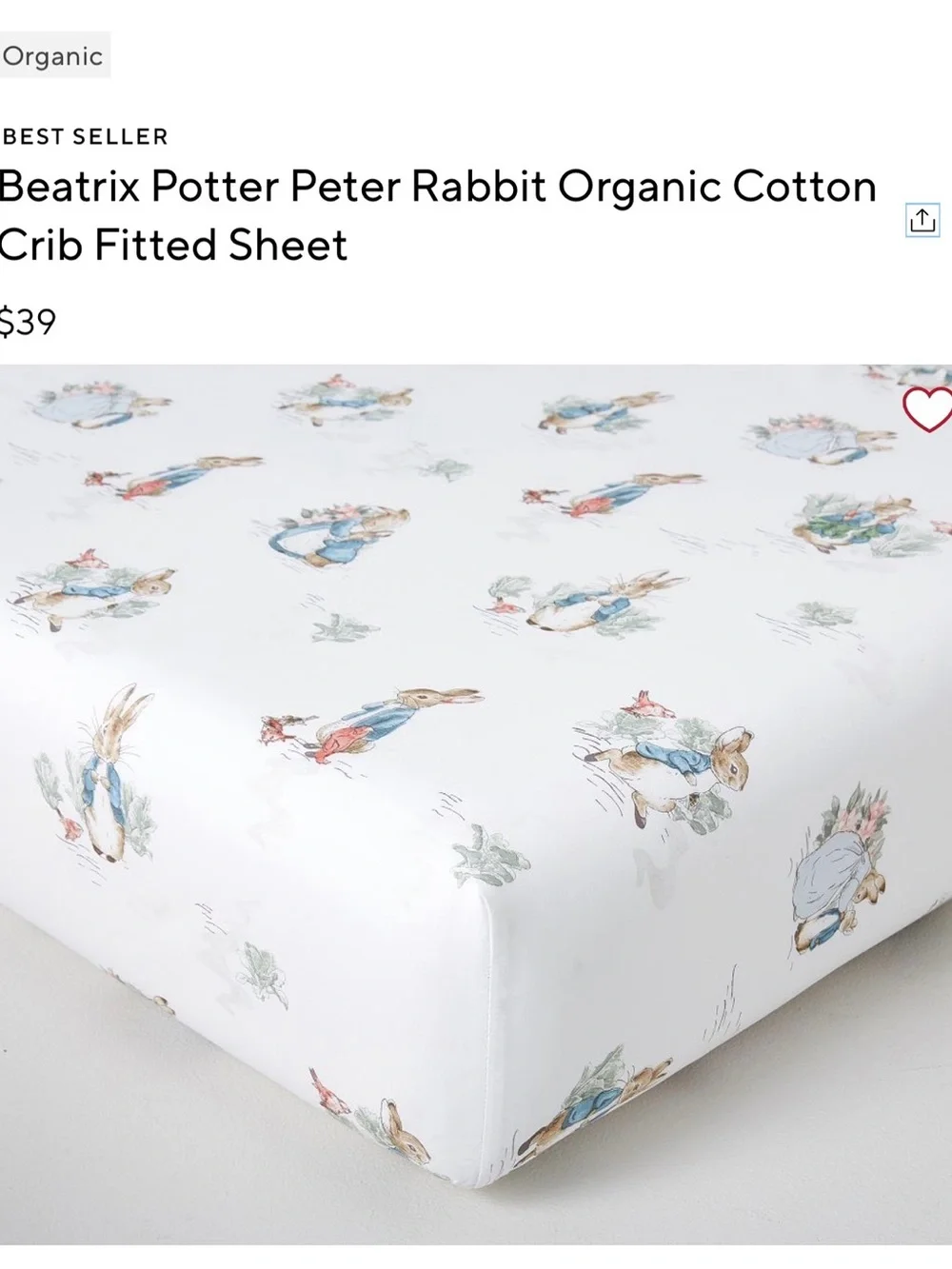 Pottery Barn Kids Peter Rabbit Organic Crib Fitted Sheet